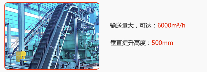 大傾角帶式輸送機輸送量大，可達(dá)：6000m3/h，垂直提升高度：500mm